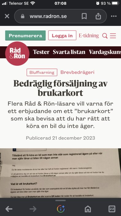 Webbsida varnar för bedräglig försäljning av "brukarkort", artikel publicerad den 21 december 2023.