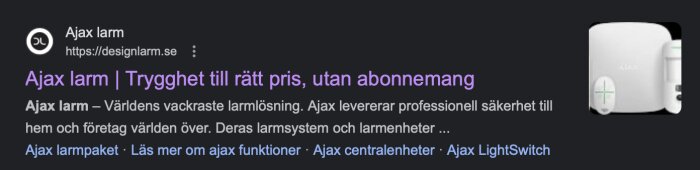 Webbsida resultat om Ajax larm med trygghetsbeskrivning, utan abonnemang, och en produktbild på höger.