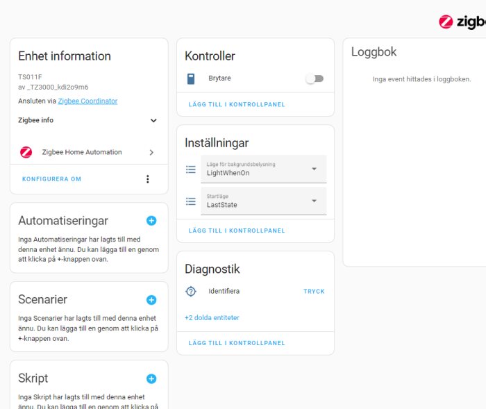 SkÀrmbild pÄ Zigbee-enhetshanteringsgrÀnssnitt med information, kontroller, instÀllningar och loggbok.