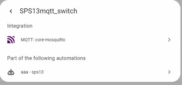 Skärmdump av användargränssnittet för en IoT-enhet, visar MQTT-integrering och en automation benämnd "aaa-sps13".