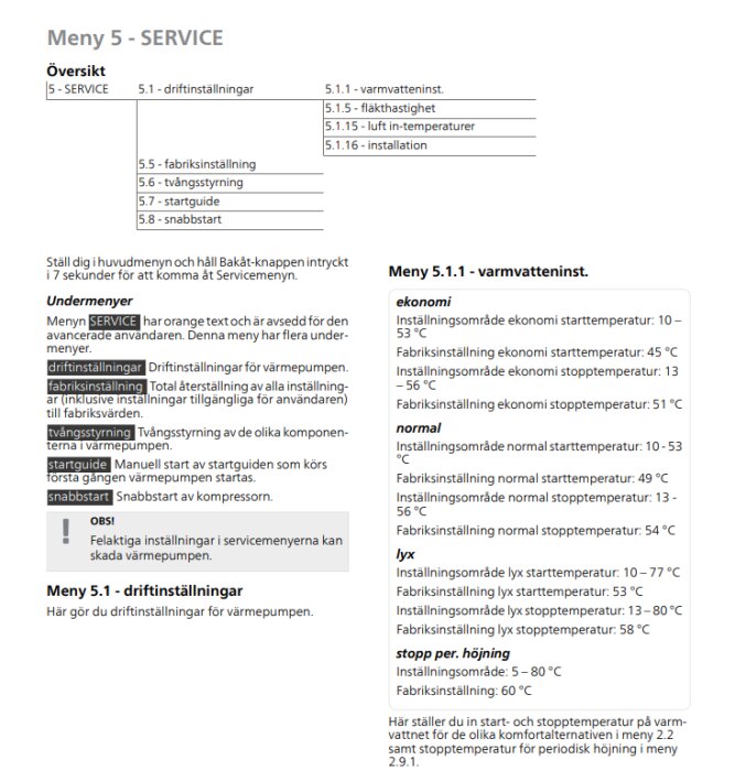 Bild på svenska manualsidor om värmepumpsinställningar; meny för service och driftsstörningar.