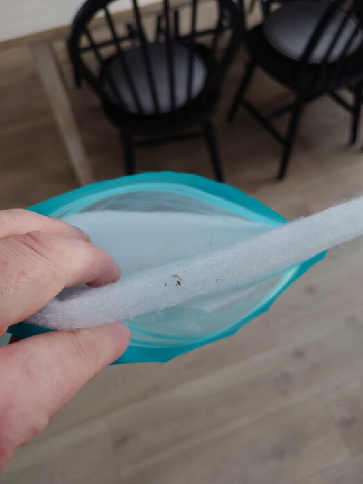 Hand håller ett isblock med små insekter inuti, över sittplats utomhus, oskarp bakgrund.