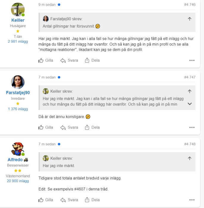 Ett forum med användare som diskuterar saknade 'gillningar' på sina inlägg.