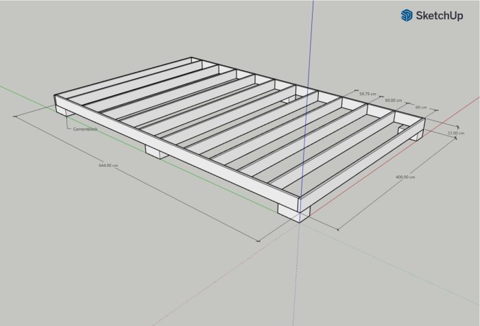 3D-modell av en trästruktur med mått i programmet SketchUp.