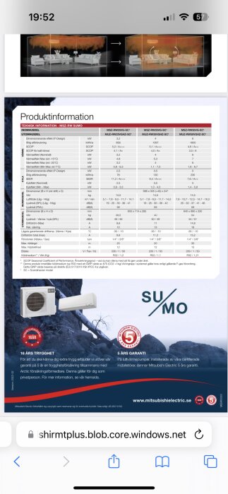 Skärmbild av en mobiltelefon som visar en produktinformationsida med tekniska specifikationer och garantivillkor för värmepumpar.