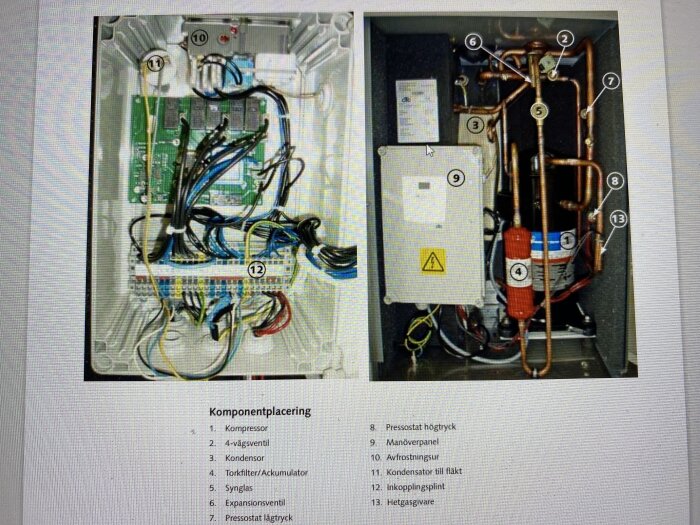 Två bilder visar insidan av en HVAC-enhet, med etiketterade komponenter och elektriska anslutningar.