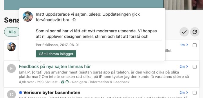 Skärmdump av webbforum, meddelanden om uppdatering och användarfeedback, navigationselement, modern design, ljus layout.