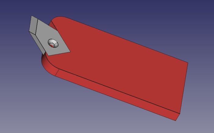 3D-modell av röd sax med öppna blad mot en blågrå bakgrund.