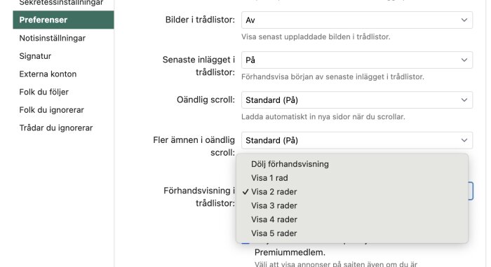 Skärmdump av webbsidas inställningsmeny, dialogrutan öppen med alternativ för förhandsvisning i trådlistor.