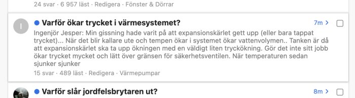 Skärmdump från ett diskussionsforum, frågor om värmesystem och jordfelsbrytare, svar, läsantal.