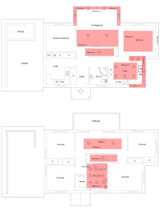 Planritning av ett hus med etiketterade rum, möbler, belysning och text på svenska.