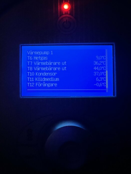 Digital kontrollpanel för värmepump med temperaturavläsningar och röd lampa ovanför.