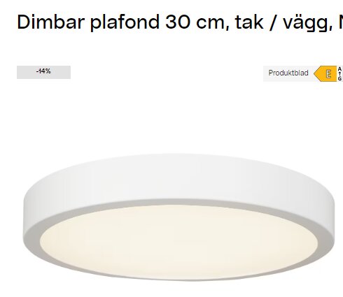 Rund, modern, vit plafondlampa för tak eller vägg, 30 cm diameter, dimbar, illustrerad online för försäljning med rabatt.