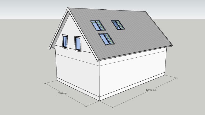 3D-modell av ett hus med lutande tak, fönster och måttangivelser.