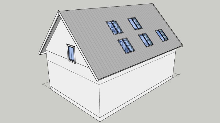 En datorgenererad modell av ett enkelt hus med sadeltak och flera fönster.