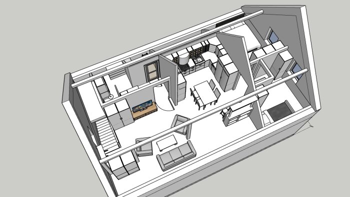 3D-modell av en tvåvåningsbyggnad med inredningsdesign, möbler, trappa och rumindelningar.