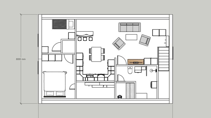 Enkelritad arkitektonisk planritning av en lägenhet med möblering och dimensioner angivna i millimeter.