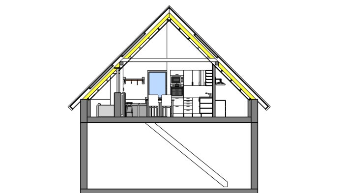 Sektionsritning av ett hus med kök, säng, fönster, trappa och lagringsutrymmen. Enkel, stiliserad, arkitektonisk illustration.