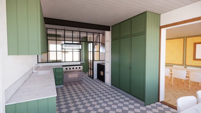 Modernt kök med gröna skåp, vit marmor, rutigt golv och rostfria vitvaror. Öppen planlösning mot matrum.