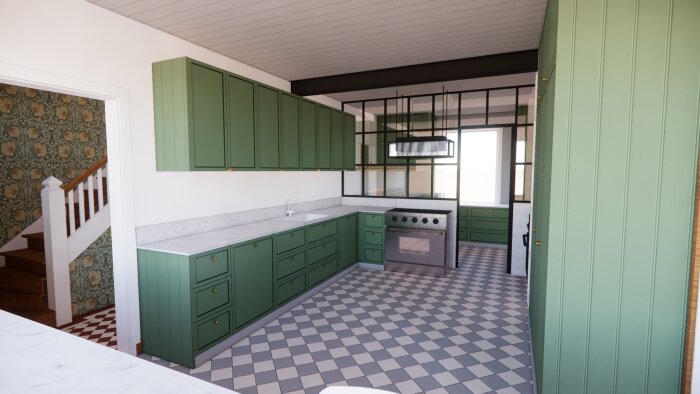 Rymligt kök med gröna skåp, marmorkakel, mönstrad tapet, och en industrilampa över köksön.