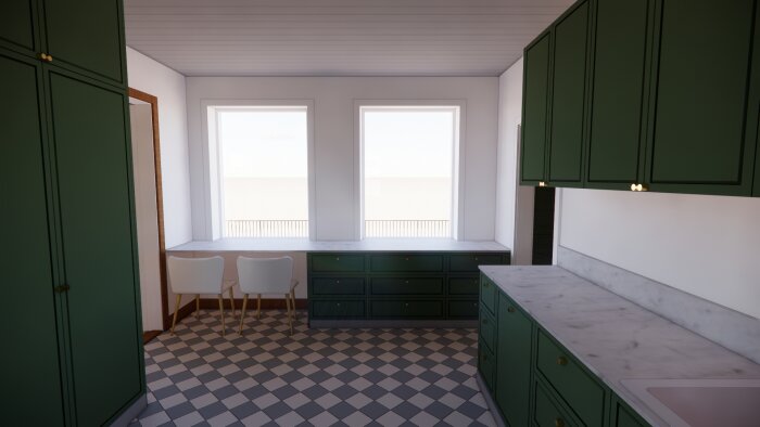 Modernt kök, gröna skåp, vita väggar, schackrutigt golv, marmorbänkskiva, ljus inredning, två fönster.