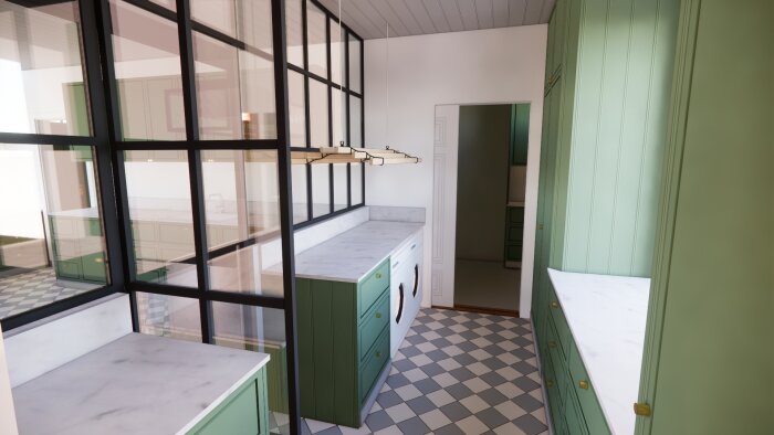 Modernt kök med gröna skåp, marmorbänk, schackrutigt golv, svart glasvägg, pendellampa. Luftigt och ljust.