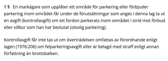 Svensk text om parkeringsregler, kontrollavgifter, olovlig parkering, markägares rättigheter.