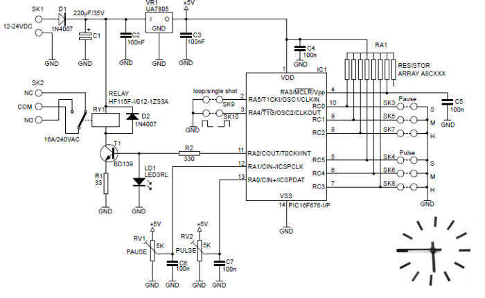 Elektriskt kretsschema, komponenter, mikrokontroller, relä, dioder, kondensatorer, motstånd, anslutningspunkter.