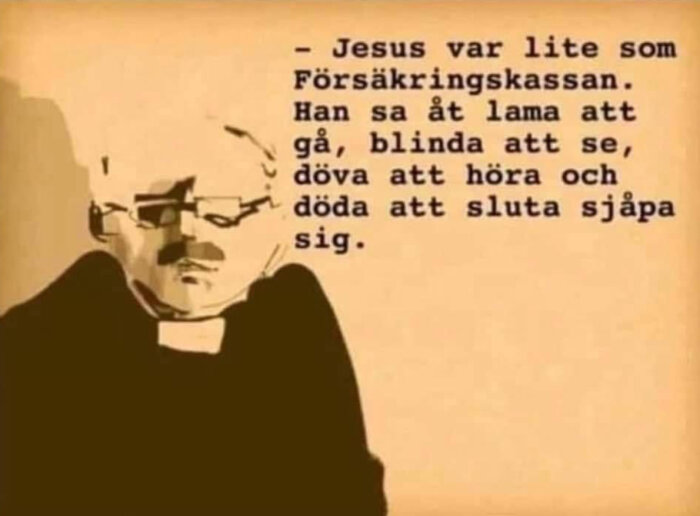 Grafik av en man med prästkrage, text jämför Jesus med Försäkringskassan, humoristisk ton, brun bakgrund.