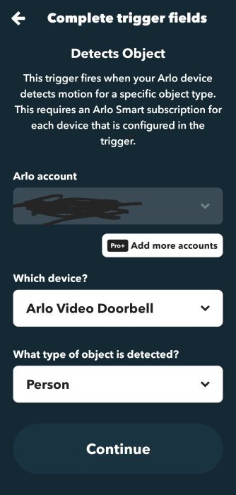 Skärmdump av appinställningar för Arlo Video Doorbell, med alternativ för rörelsedetektering av personer.