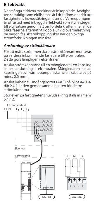 Svensk text om elektriska installationer, schematiska diagram; värmepumpsanslutning, strömavbrottsskydd, säkringar.