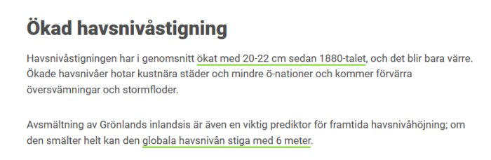 Text om havsnivåstigning, ökning med 20-22 cm sedan 1880-talet, hot mot kuststäder och ö-nationer.