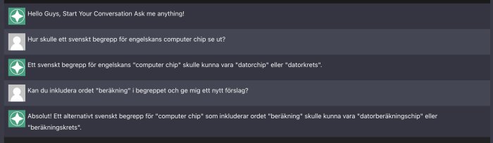 Chattkonversation där deltagare diskuterar svenska översättningar för termen "computer chip".