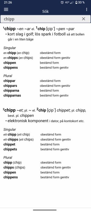 Mobilskärm som visar ordboksförklaring av ordet "chipp" på svenska i två betydelser.