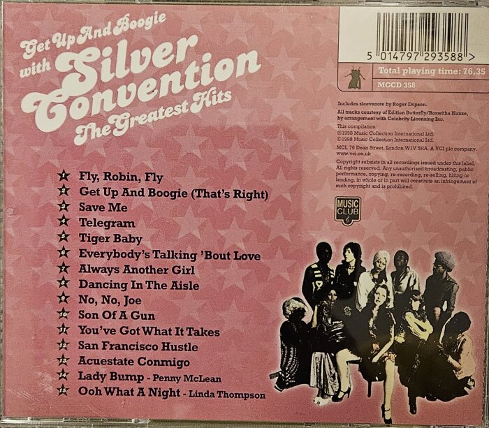 Bakomomslag till "Silver Convention - The Greatest Hits" album, låtlista, rosa stjärnbakgrund, bandmedlemmar i silhuett.