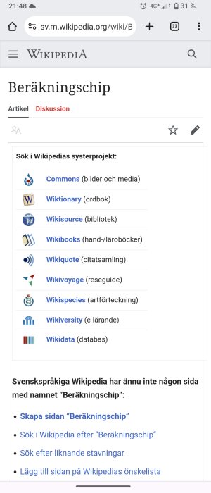 Skärmdump av Wikipedia, saknad artikel om "Beräkningschip", länkar till andra projekt, uppmaning att skapa sidan.