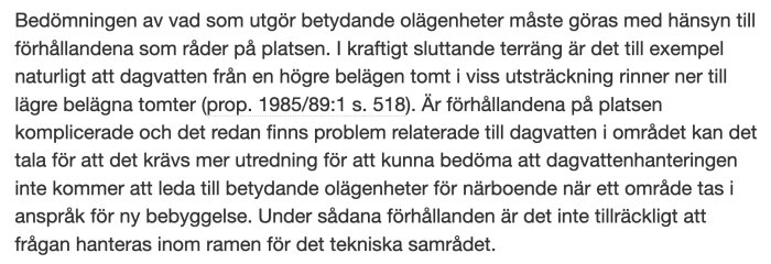 Svensk text om dagvattenhantering, betydande olägenheter och tekniskt samråd.