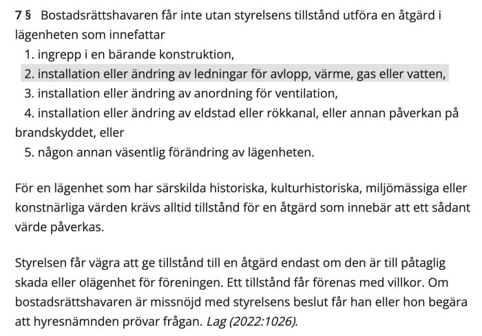 Svensk text om bostadsrätt och renoveringstillstånd från styrelsen.