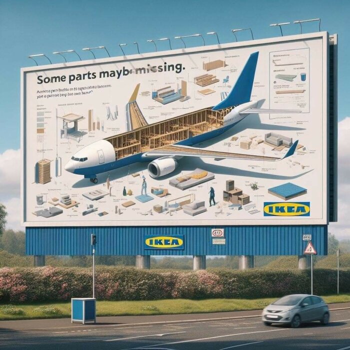 Stor reklamskylt som liknar IKEA-manual visar flygplan med möbler, texten "Some parts maybe missing".