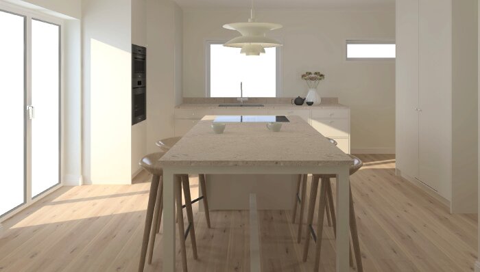 Ljust, modernt kök med integrerade vitvaror, matbord, stolar och minimalistisk inredning. Naturligt ljusflöde från fönster.