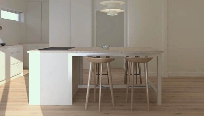 Modernt kök, ljus inredning, barstolar, köksö, minimalistisk, skandinavisk stil, ren design, trägolv, hängande lampa.