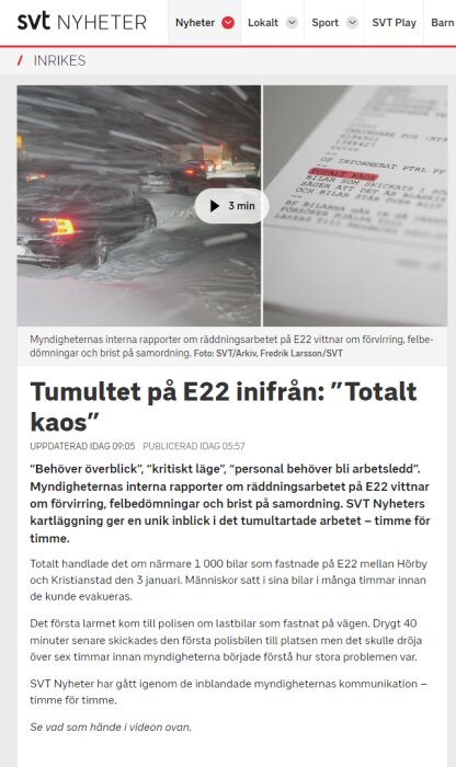 Bilolycka i snöväder på E22, rapport om räddningsinsats, webbsideutseende för SVT Nyheter.