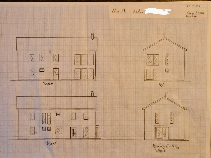 Handritade fasadritningar av ett hus från olika håll på rutat papper.