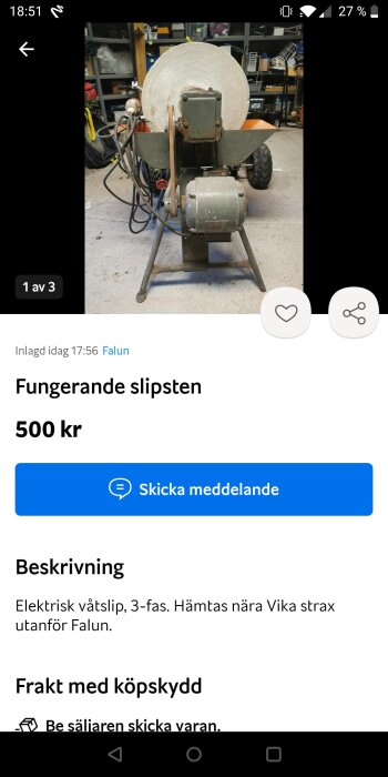 Annonsskärmdump för fungerande elektrisk våtslipsten, pris 500 kronor, upphämtning nära Falun.