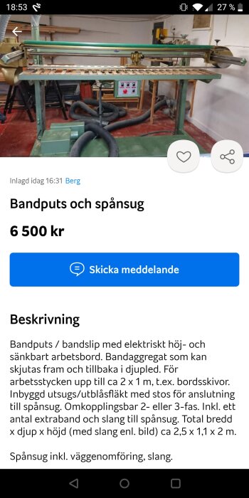 Bandputs och spånsug i verkstad, till salu för 6500 kr, grönt bord, metallkonstruktioner, slangar på golvet.