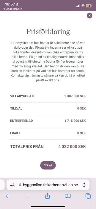Skärmbild av webbsida som visar kostnadskalkyl för husbygge på svenska med totalpris på 4 022 000 SEK.
