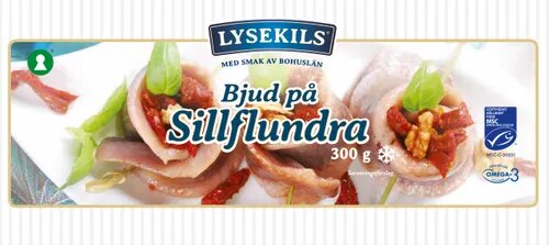 Förpackning av "Lysekils Sillflundra" med sillprodukter, vikt 300g, Omega-3-märkt, "Bjud på" text och tomatdekor.