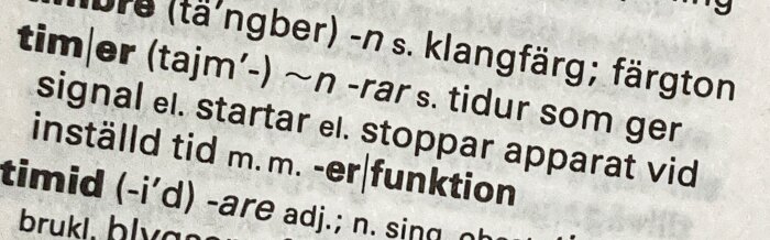 Utdrag ur svenskt lexikon: definitioner av "timbre", "timer", "timid"; tryckt text, ordlista.