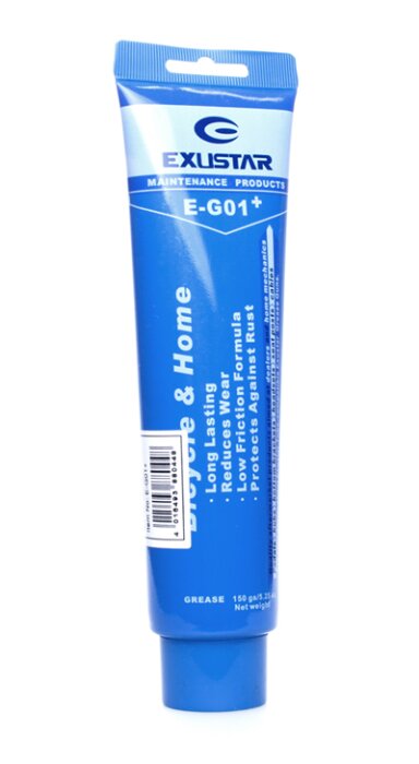 Blå tub med text, "EXUSTAR Maintenance Products", smörjmedel för cykel och hem, 150 gram.
