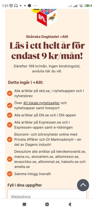Erbjudande om prenumeration på nyhetstjänster för 9 kronor per månad, svenskt.